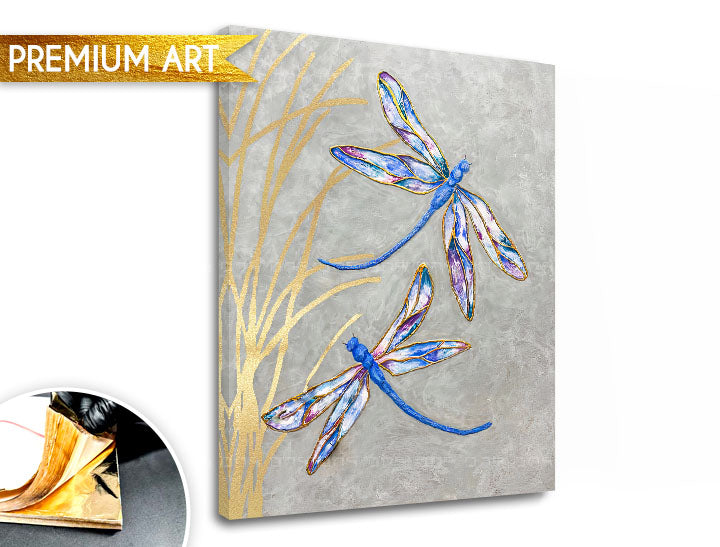 În stil boho tablou pe pânză cu motivul PREMIUM ART – Lietajúce vážky în gri-auriu nuanțe, atmosferă liniștită, natură și eleganță, potrivit pentru birou – produs