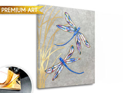 În stil boho tablou pe pânză cu motivul PREMIUM ART – Lietajúce vážky în gri-auriu nuanțe, atmosferă liniștită, natură și eleganță, potrivit pentru birou – produs