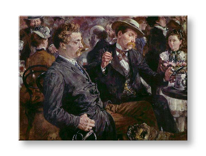 Modern tablou pe pânză cu motivul Adolf Menzel - Na pivnej záhrade, câine în maro-alb nuanțe, viață urbană | Tablou pe pânză Adolf Menzel - Na pivnej záhrade – produs