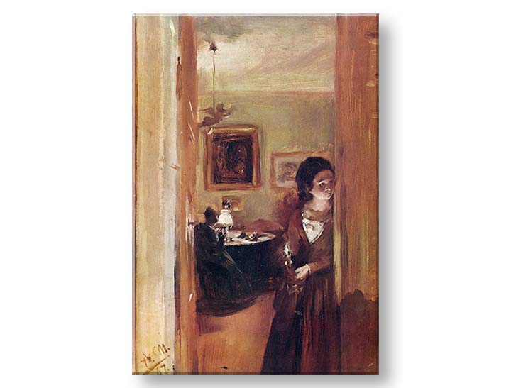 Modern tablou pe pânză cu motivul Adolf Menzel - Obývačka s umelcovou sestrou în crem nuanțe, atmosferă intimă | Tablou pe pânză Adolf Menzel - Obývačka s umelcovou sestrou – produs