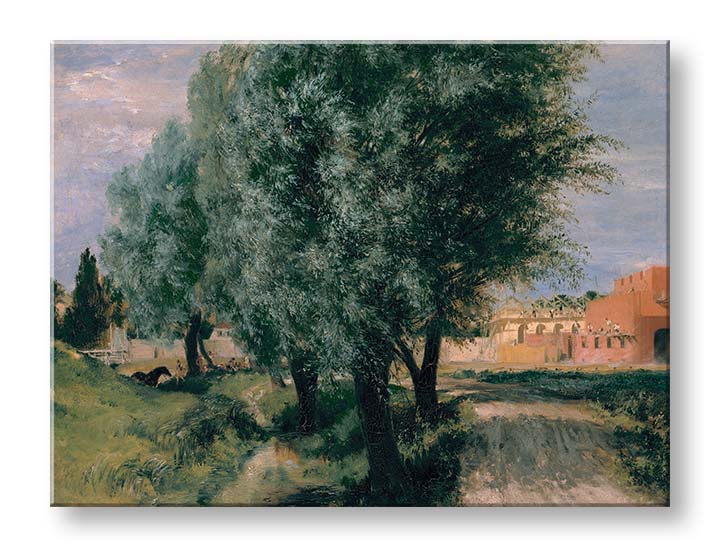 Modern tablou pe pânză cu motivul Adolph Menzel - Stavenisko s vrbami, copaci, potecă, cer în verde-maro nuanțe, atmosferă liniștită – produs