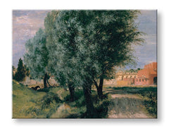 Modern tablou pe pânză cu motivul Adolph Menzel - Stavenisko s vrbami, copaci, potecă, cer în verde-maro nuanțe, atmosferă liniștită – produs