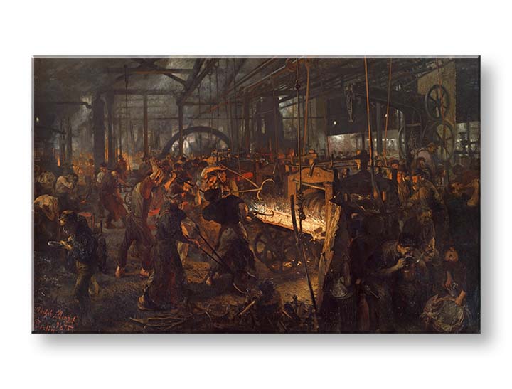 Modern tablou pe pânză cu motivul Adolph Menzel - Valcovňa železa în negru-galben nuanțe | Tablou pe pânză Adolph Menzel - Valcovňa železa – produs