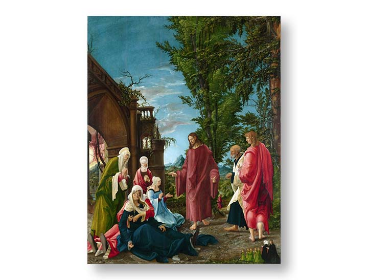 Modern tablou pe pânză cu motivul peisaj în albastru-verde nuanțe, atmosferă liniștită, natură | Tablou pe pânză Albrecht Altdorfer - Kristus odchádza od svojej Matky – produs