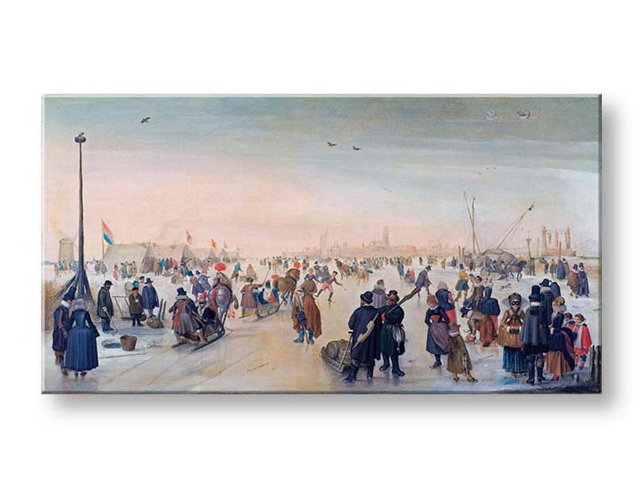 Modern tablou pe pânză cu motivul Hendrick Avercamp - Zábava na lade v meste, păsări în maro nuanțe, atmosferă vibrantă | Tablou pe pânză Hendrick Avercamp - Zábava na lade v meste – produs
