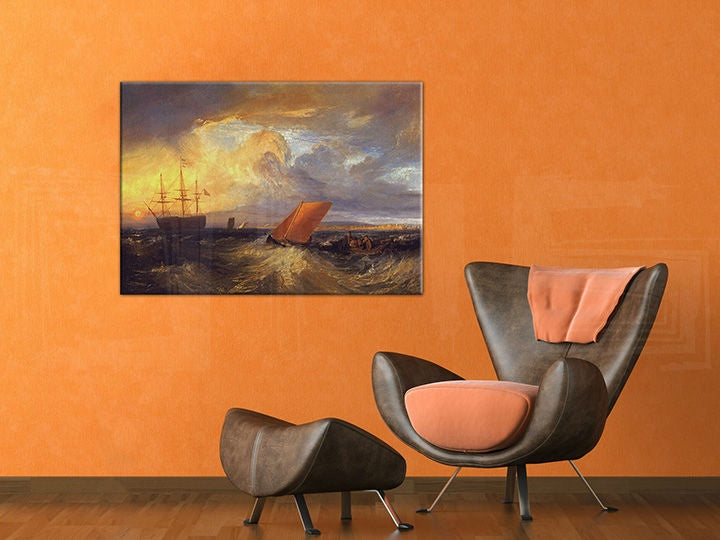 Vintage tablou cu motivul SHEERNESS VISTA DAL NORE – William Turner, ocean, apus de soare în albastru-portocaliu nuanțe – previzualizare