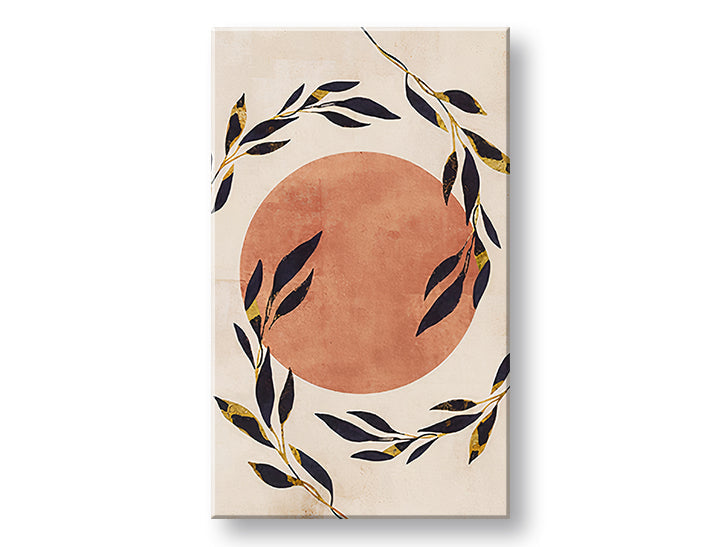 Art deco tablou pe pânză cu motivul SLNKO 002, frunze, ramuri, soare, lună în bej-auriu nuanțe, atmosferă liniștită, natură și eleganță – principală