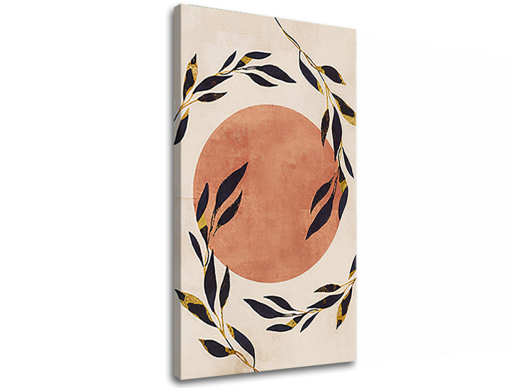 Art deco tablou pe pânză cu motivul SLNKO 002, frunze, ramuri, soare, lună în bej-auriu nuanțe, atmosferă liniștită, natură și eleganță – produs