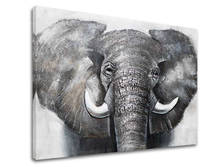 Modern tablou cu motivul elefant, animal, oameni în alb-gri nuanțe | Tablou pe pânză ELEFANT, natură și forță – previzualizare
