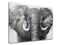 Modern tablou pe pânză cu motivul elefant, animal, oameni în alb-gri nuanțe, atmosferă maiestuoasă, natură și forță | Tablou pe pânză ELEFANT – produs