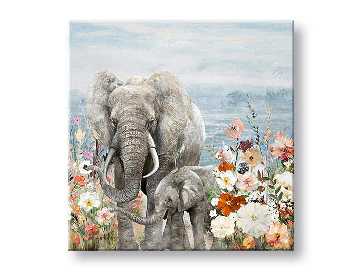 În stil boho tablou pe pânză cu motivul SLONY 1 piese, elefant, flori, natură în alb-portocaliu nuanțe, atmosferă delicată, familie și natură, potrivit pentru cameră de copii – principală