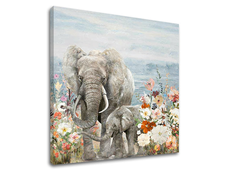 În stil boho tablou pe pânză cu motivul SLONY 1 piese, elefant, flori, natură în alb-portocaliu nuanțe, atmosferă delicată, familie și natură, potrivit pentru cameră de copii – produs