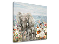 În stil boho tablou pe pânză cu motivul SLONY 1 piese, elefant, flori, natură în alb-portocaliu nuanțe, atmosferă delicată, familie și natură, potrivit pentru cameră de copii – produs