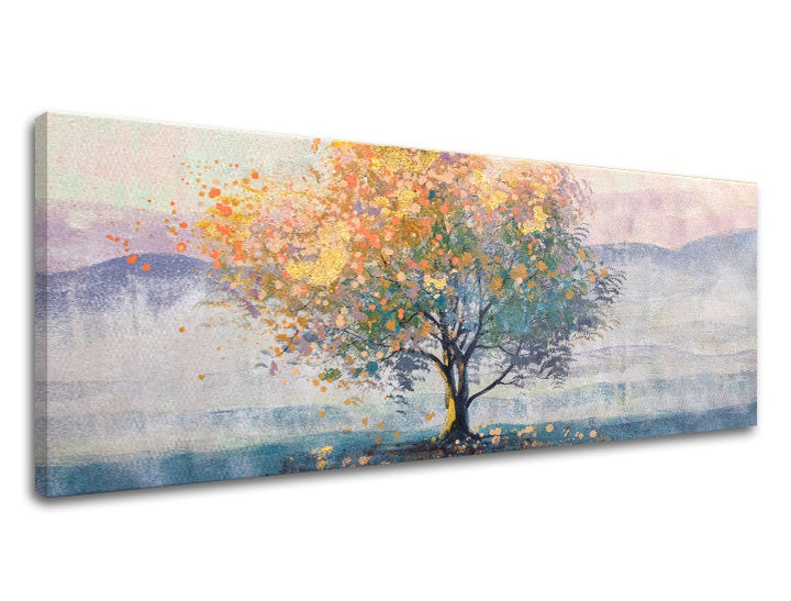În stil boho tablou cu motivul STROM, cer, natură în albastru-portocaliu nuanțe | Tablou pe pânză STROM, natură și singurătate – previzualizare