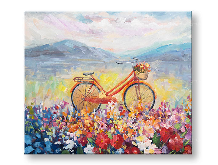 Modern tablou pe pânză cu motivul VARĂ PE PAJIȘTE, munți, cer, nori, peisaj în multicolor nuanțe, atmosferă veselă, natură și atmosferă de primăvară – principală