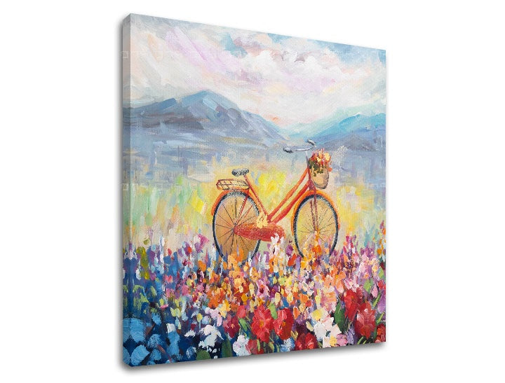 Modern tablou cu motivul VARĂ PE PAJIȘTE, munți, cer în multicolor nuanțe | Tablou pe pânză VARĂ PE PAJIȘTE, natură și atmosferă de primăvară – previzualizare