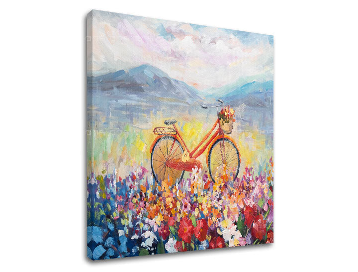 Modern tablou pe pânză cu motivul VARĂ PE PAJIȘTE, munți, cer, nori, peisaj în multicolor nuanțe, atmosferă veselă, natură și atmosferă de primăvară – produs