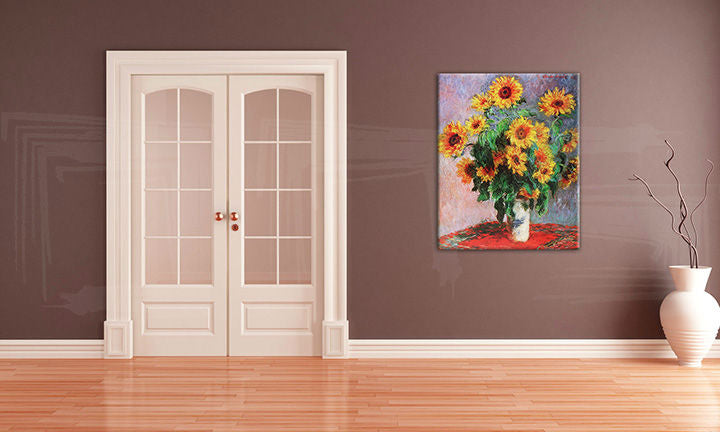 În stil boho tablou pe pânză cu motivul SLNEČNICE – Claude Monet, vază, flori, hartă, natură în albastru-roz nuanțe agățat în interiorul hol – interior