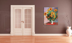 În stil boho tablou pe pânză cu motivul SLNEČNICE – Claude Monet, vază, flori, hartă, natură în albastru-roz nuanțe agățat în interiorul hol – interior