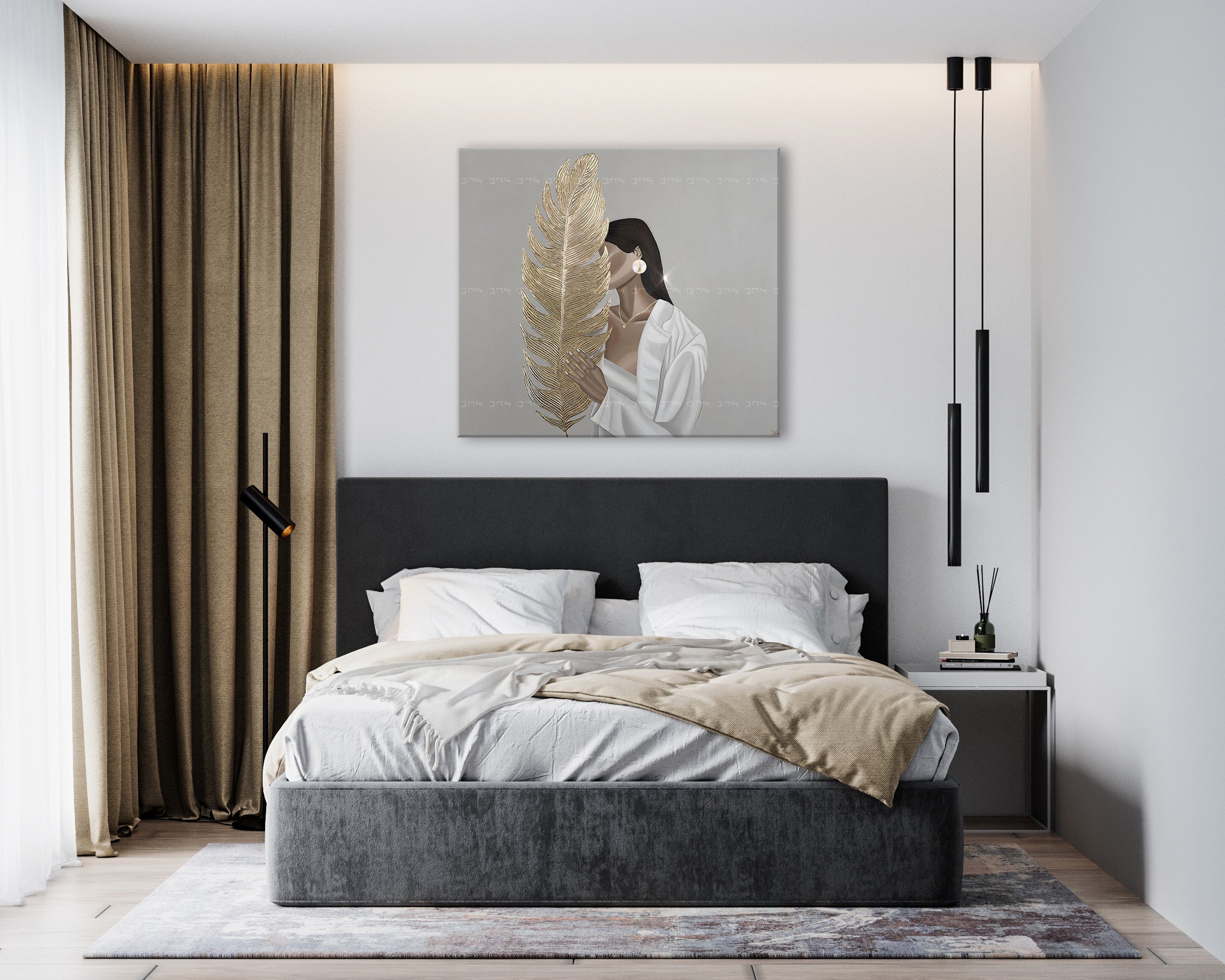 Industrial tablou cu motivul TAJOMNÁ FEMEIE S LISTOM, pană, natură în alb-gri nuanțe | Tablou pe pânză TAJOMNÁ FEMEIE S LISTOM, natură și eleganță – previzualizare
