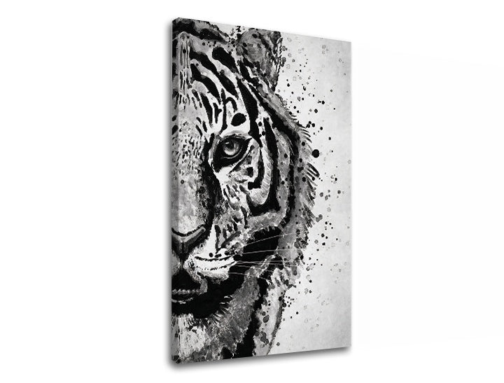 Modern tablou cu motivul TIGER 001, tigru, peisaj în alb-gri nuanțe | Tablou pe pânză TIGER 001, natură și forță – previzualizare