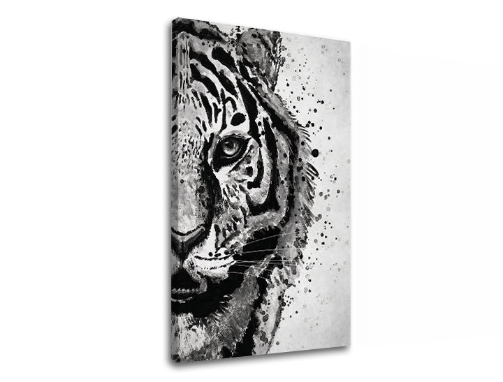Modern tablou pe pânză cu motivul TIGER 001, tigru, peisaj în alb-gri nuanțe, atmosferă intensă, natură și forță, potrivit pentru birou de lucru – produs