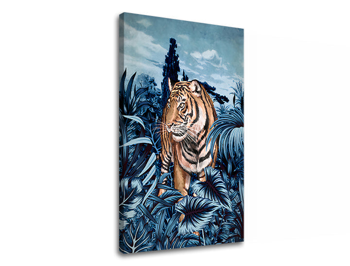 Pop art tablou pe pânză cu motivul TIGER V PRÍRODE 001, tigru, copaci, cer, nori în alb-albastru nuanțe, atmosferă liniștită, potrivit pentru sufragerie – produs