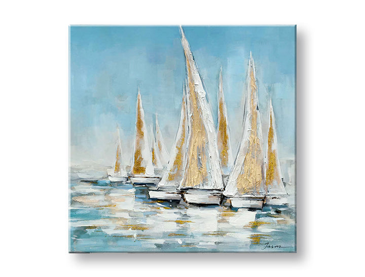 În stil boho tablou pe pânză cu motivul BĂRCI PE MARE, ocean, cer, peisaj, mare și plajă în alb-bej nuanțe, atmosferă liniștită, potrivit pentru sufragerie – principală