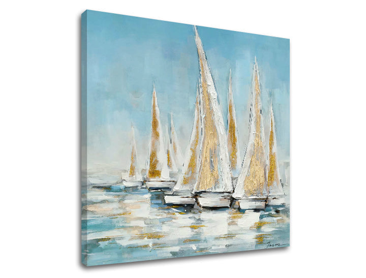 În stil boho tablou pe pânză cu motivul BĂRCI PE MARE, ocean, cer, peisaj, mare și plajă în alb-bej nuanțe, atmosferă liniștită, potrivit pentru sufragerie – produs
