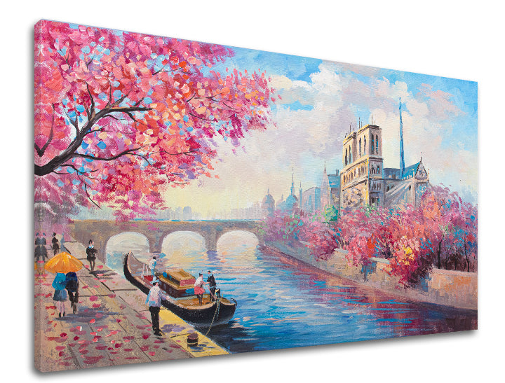 Modern tablou pe pânză cu motivul BENÁTKY, flori de cireș, arhitectură, peisaj, flori în alb-albastru nuanțe, atmosferă romantică, potrivit pentru bucătărie – produs