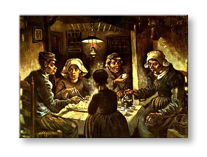 Vintage tablou pe pânză cu motivul Vincent van Gogh - Jedáci zemiakov, hartă, natură în bej-maro nuanțe, atmosferă sumbră, potrivit pentru bucătărie – produs, vedere 2