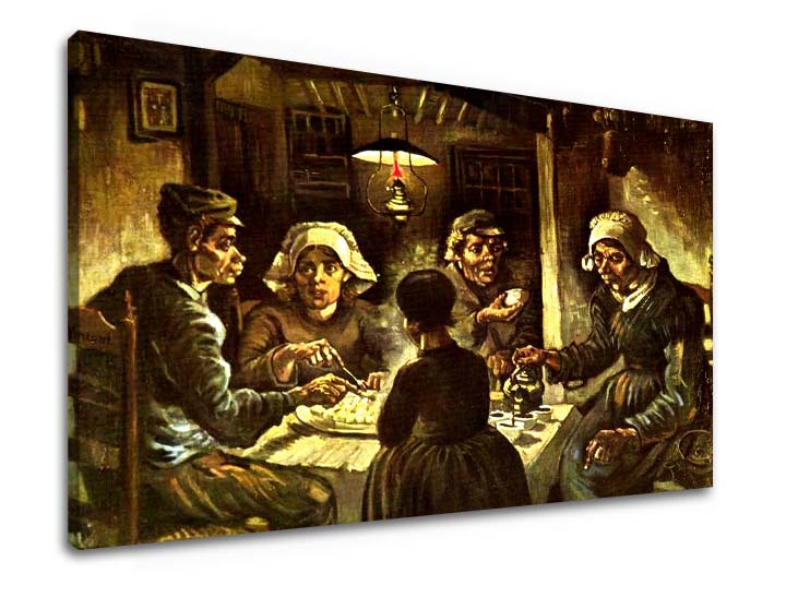 Vintage tablou pe pânză cu motivul Vincent van Gogh - Jedáci zemiakov, hartă, natură în bej-maro nuanțe, atmosferă sumbră, potrivit pentru bucătărie – produs