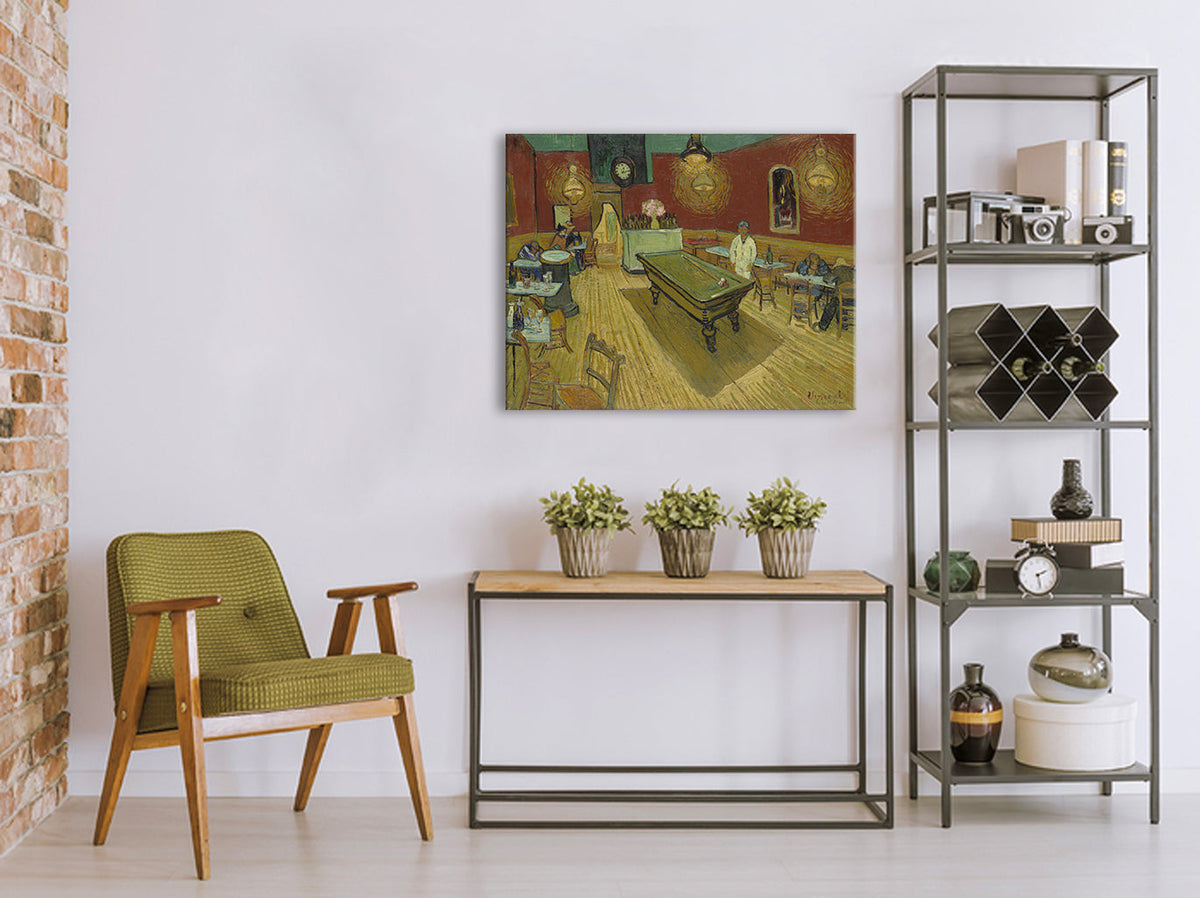 Vintage tablou pe pânză cu motivul Vincent van Gogh - Nočná kaviareň, ceas, hartă, natură în maro-verde nuanțe, potrivit pentru bucătărie | Tablou pe pânză Vincent van Gogh - Nočná kaviareň – principală