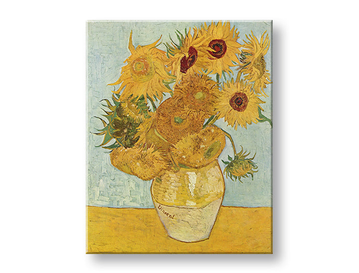 Vintage tablou pe pânză cu motivul Vincent van Gogh - Váza s dvanástimi slnečnicami, vază, flori în albastru-galben nuanțe, atmosferă vibrantă, potrivit pentru sufragerie – produs, vedere 2