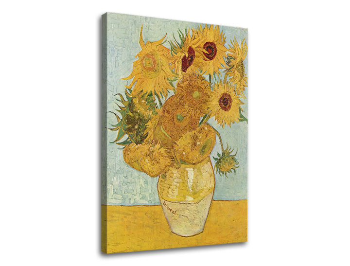 Vintage tablou pe pânză cu motivul Vincent van Gogh - Váza s dvanástimi slnečnicami, vază, flori în albastru-galben nuanțe, atmosferă vibrantă, potrivit pentru sufragerie – produs