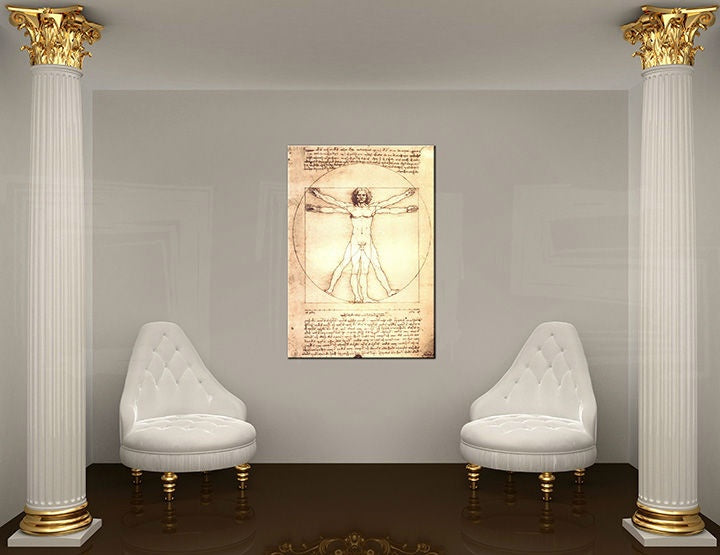 Vintage tablou pe pânză cu motivul VITRUVIÁNSKY MUŽ– Leonardo Da Vinci în alb-auriu nuanțe agățat în interiorul birou de lucru | Tablou pe pânză VITRUVIÁNSKY MUŽ– Leonardo Da Vinci – interior