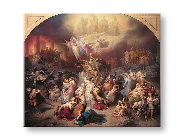 Vintage tablou pe pânză cu motivul Wilhelm von Kaulbach - Zničenie Jeruzalema Titom, înger, hartă, motiv religios în bej-auriu nuanțe – produs, vedere 2