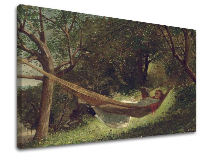 Vintage tablou pe pânză cu motivul Winslow Homer - Dievča v hojdacej sieti, carte, copaci, peisaj, hartă în verde nuanțe, atmosferă liniștită – produs