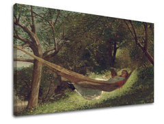 Vintage tablou pe pânză cu motivul Winslow Homer - Dievča v hojdacej sieti, carte, copaci, peisaj, hartă în verde nuanțe, atmosferă liniștită – produs