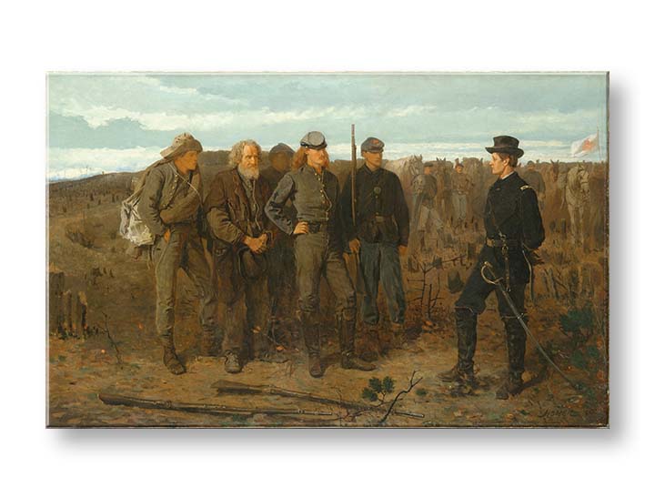 Vintage tablou pe pânză cu motivul Winslow Homer - Prizonieri z frontu, cai, peisaj, hartă, natură în bej-albastru nuanțe, atmosferă festivă – produs, vedere 2
