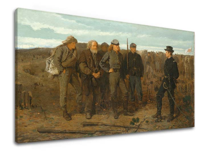 Vintage tablou pe pânză cu motivul Winslow Homer - Prizonieri z frontu, cai, peisaj, hartă, natură în bej-albastru nuanțe, atmosferă festivă – produs