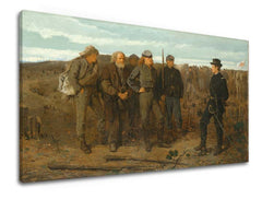 Vintage tablou pe pânză cu motivul Winslow Homer - Prizonieri z frontu, cai, peisaj, hartă, natură în bej-albastru nuanțe, atmosferă festivă – produs