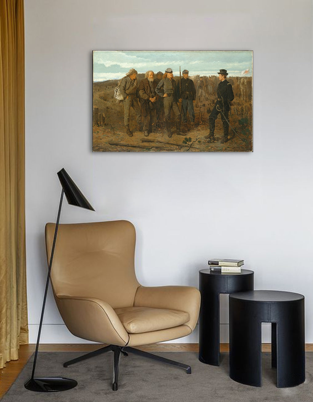 Vintage tablou cu motivul Winslow Homer - Prizonieri z frontu, cai, peisaj în bej-albastru nuanțe | Tablou pe pânză Winslow Homer - Prizonieri z frontu – previzualizare