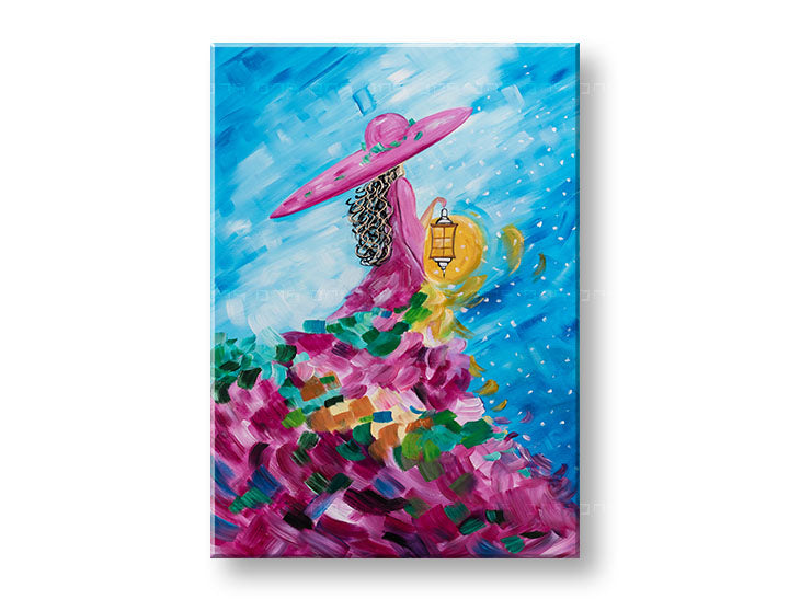 În stil boho tablou pe pânză cu motivul FEMEIE 1 piese, rochie, pălărie, hartă în multicolor nuanțe, atmosferă capricioasă, mister, execuție cu trei panouri – principală