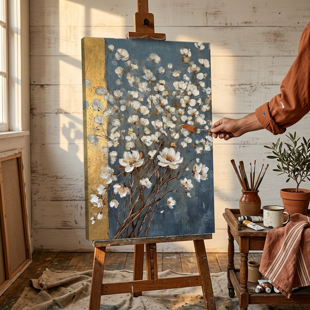 Artistă în atelierul Papilora lucrând la un tablou abstract cu flori albe sub lumină naturală, proces creativ manual.