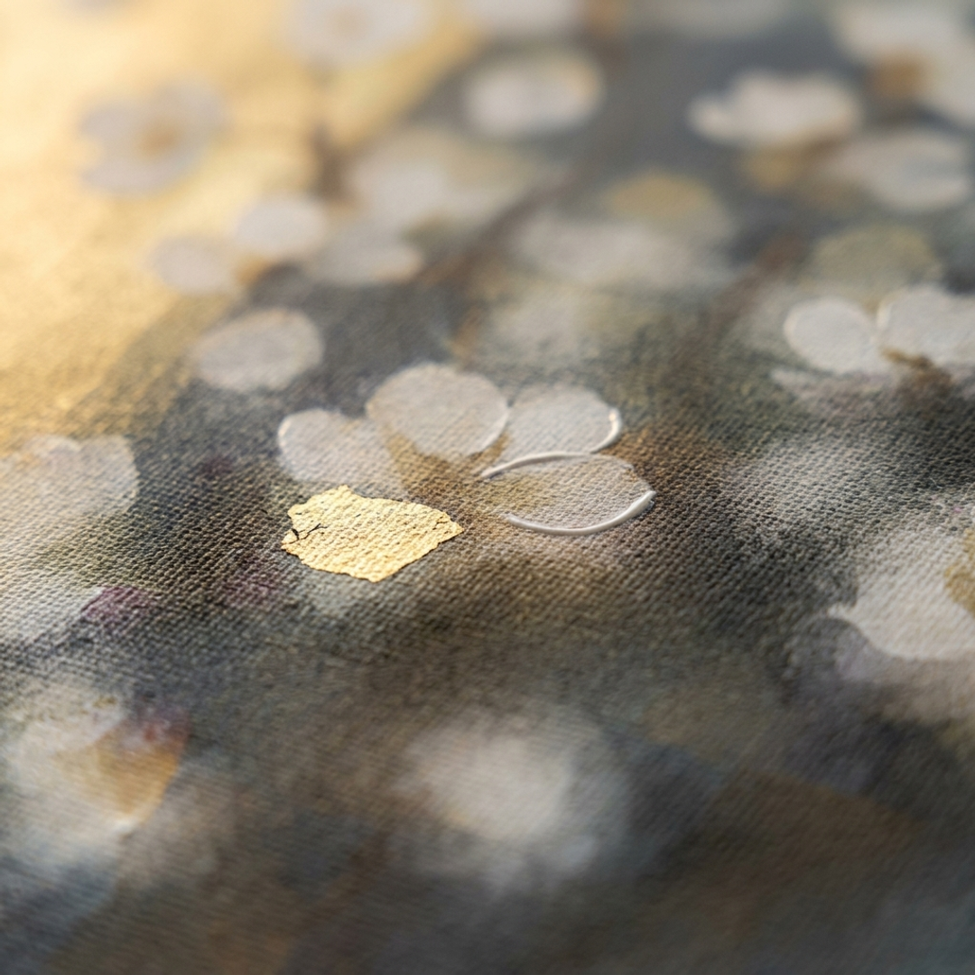 Detaliu macro cu tușe impasto pictate manual cu vopsea acrilică pe flori, textură vizibilă și relief artistic.