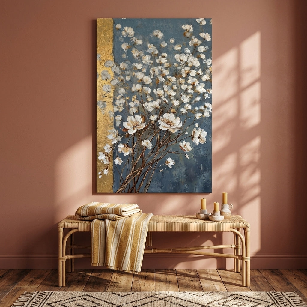 Tablou abstract cu flori albe montat într-un living modern, deasupra unei console din lemn cu vază, decor elegant.