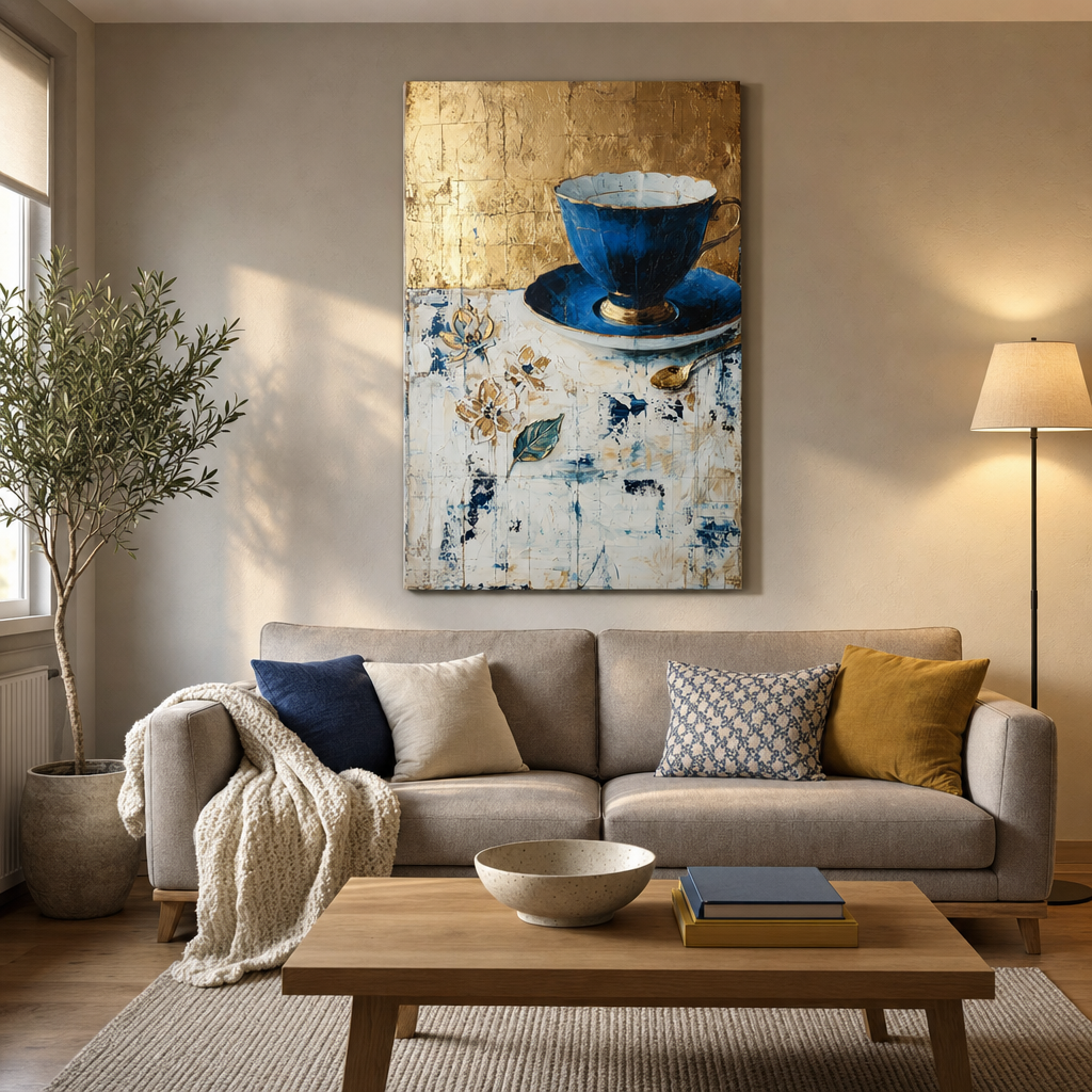 Tablou cu ceașcă de ceai albastră elegantă, expus într-un living modern, deasupra unei console din lemn cu vază și lumânare.