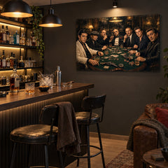 Tablou cu mafioți la poker expus într-un living stilat lângă un bar cu whisky, design interior elegant și masculin