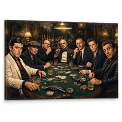 Tablou cu 7 mafioți la masa de poker, stil cinematografic dramatic pe canvas premium, ideal pentru decor interior masculin de la Papilora